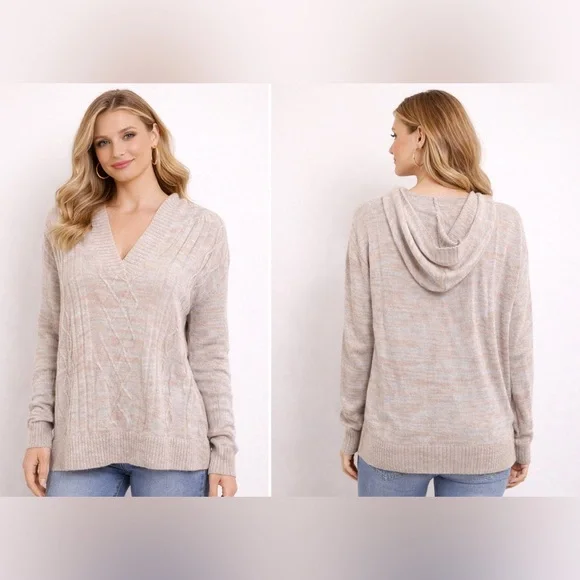 Market & Spruce Size 3X Casual Preppy Tan Neutral Cable Knit Hooded Sweater - Picture 1 of 11